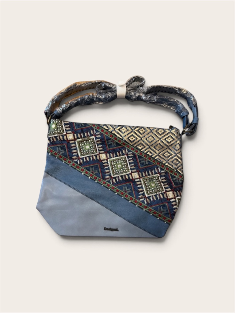 Desigual Blue and Green Geometric Patchwork Crossbody Bag